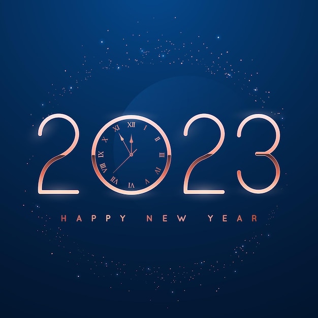 Happy New Year 2023 with rose gold clock face