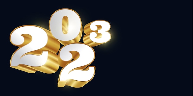 Happy New Year 2023 with White and Gold 3D Numbers Isolated on Black Background New Year Design for Banner Poster and Greeting Card