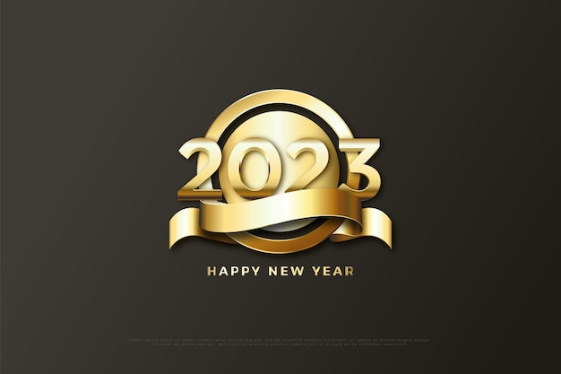 happy new year 2023 wrapped in gold ribbon