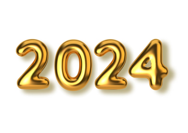 Happy New Year 2024 3d Realistic golden balloons Vector illustration