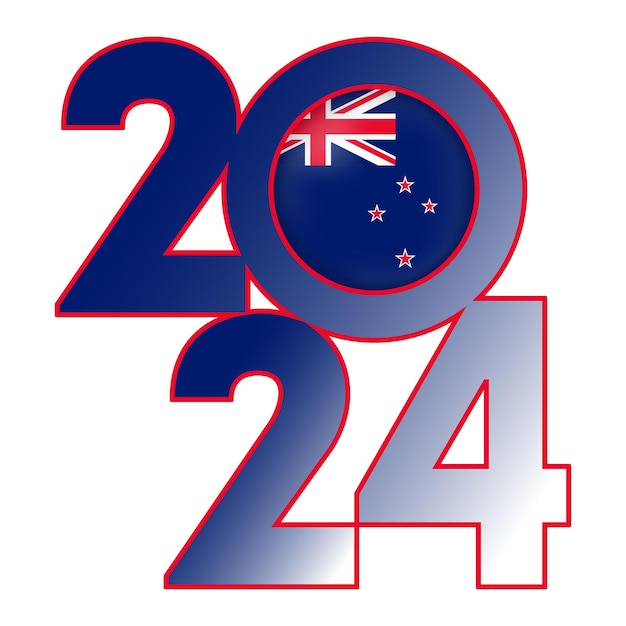 Happy New Year 2024 banner with New Zealand flag inside Vector illustration