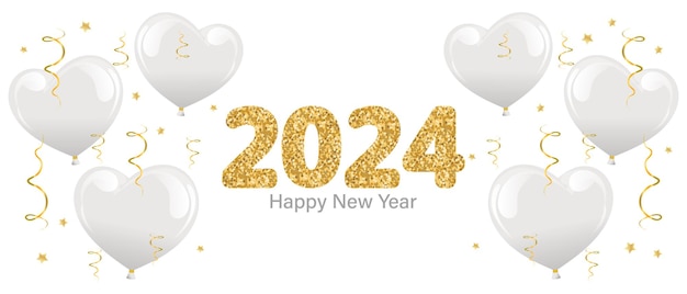 Vector happy new year 2024 christmas background with gold glitter numbers 2024 and heart balloons