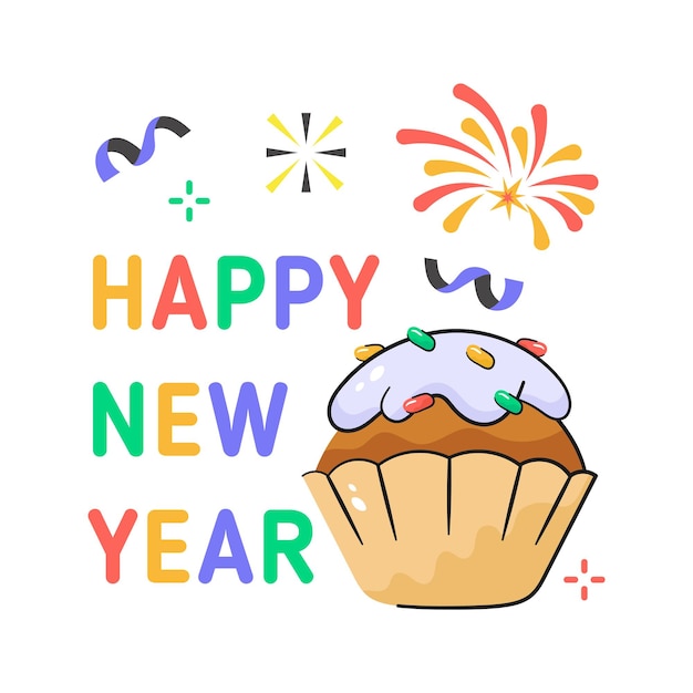 Happy new year 2024 cupcake with fireworks celebrations icon of new year party