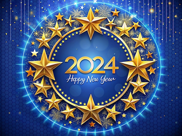 Happy New Year 2024 Design with Golden Stars on Blue Background