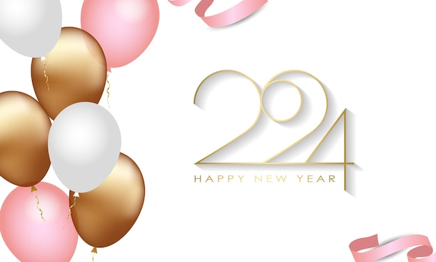 Happy New Year 2024 Elegant gold text with balloons and confetti Realistic vector illustration