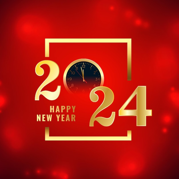 Happy new year 2024 eve celebration card with clock and bokeh lights