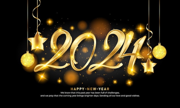 Happy new year 2024 gold text effect banner design template and social media post design