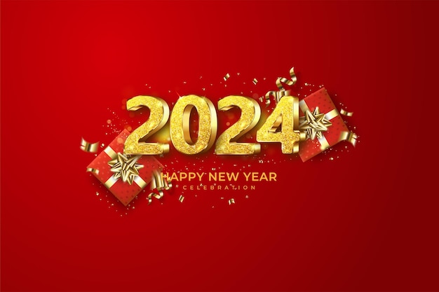 Happy New Year 2024 Golden 3D numbers with givebox and confetti on a Red Background