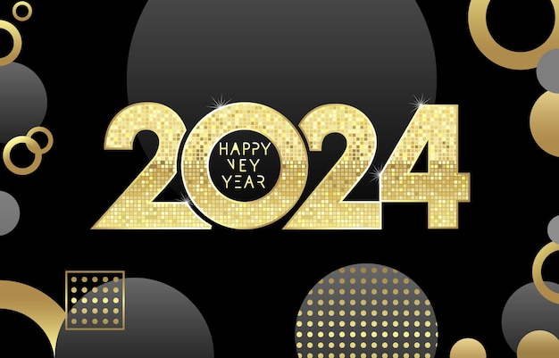 Happy New Year 2024, golden mosaic logo. 2024 luxury number, design template. Vector illustration.