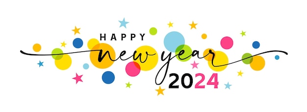 Happy new year 2024 greetings banner with swirl ribbons and star Colorful design creative number