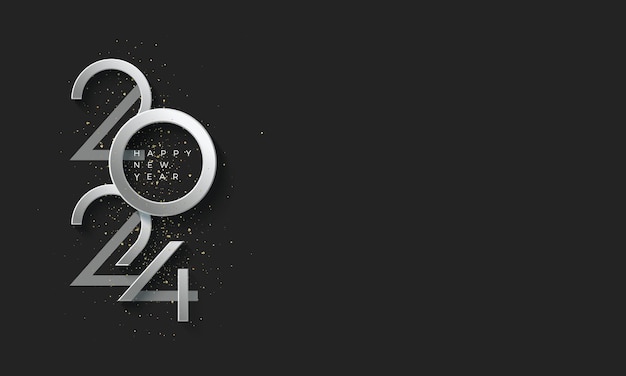 Happy new year 2024 in a shiny silver metallic color with gold glitter scattered on a black background Premium vector background new year 2024