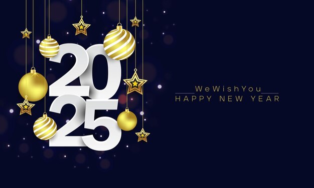 Vector happy new year 2025 background with hanging golden christmas ball and star