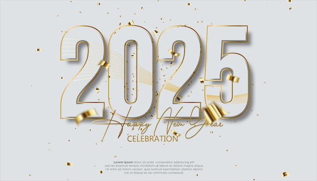 Happy New Year 2025 festive realistic decoration with gold confetti for Celebrate 2025 party