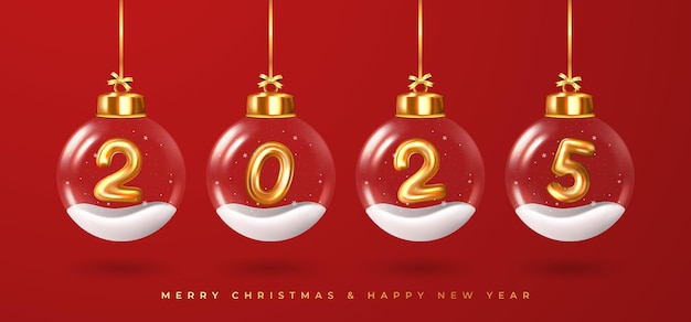 Happy New Year 2025 Golden numbers inside glass Christmas balls hanging on ribbon