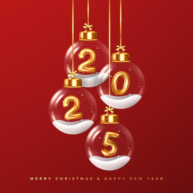 Happy New Year 2025 Golden numbers inside glass Christmas balls hanging on ribbon