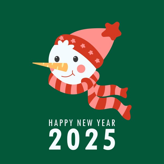 Vector happy new year 2025 greeting card with cute snowman in knitted hat and scarf holiday cartoon