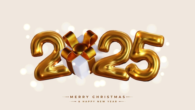 Happy New Year 2025 Realistic 3D rendering of the figures complemented by gold gift box ribbons