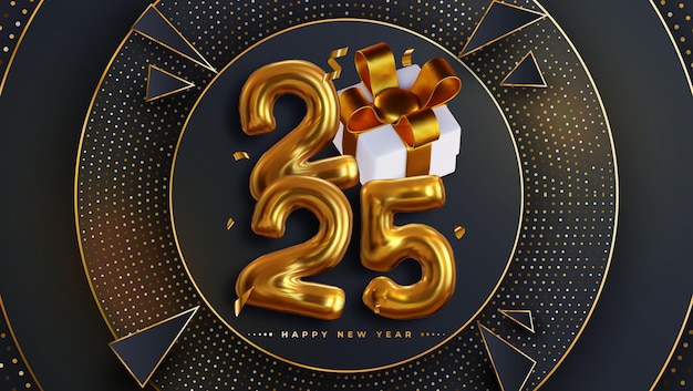 Vector happy new year 2025 realistic 3d rendering of the figures complemented by gold gift box ribbons