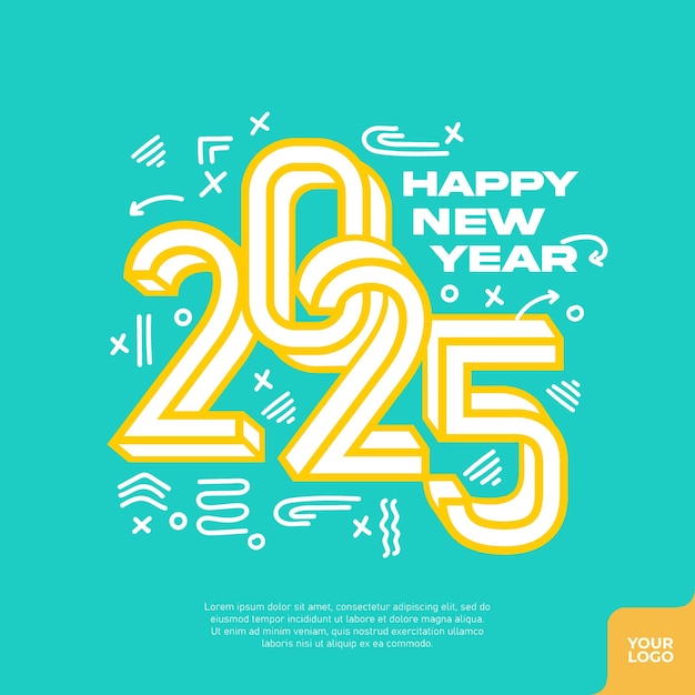 Happy new year 2025 square template with 3d hand drawn number style on green background