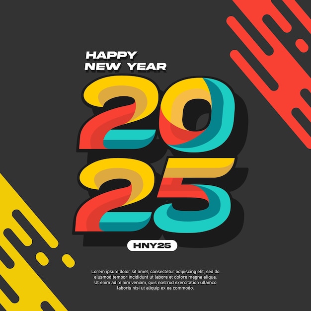 Happy new year 2025 square template with colorful number style on black background