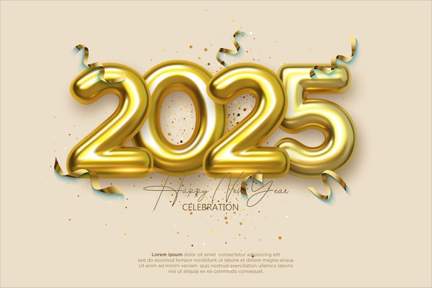 Happy New Year 3D 2025 festive realistic decoration with gold number for Celebrate 2025 party