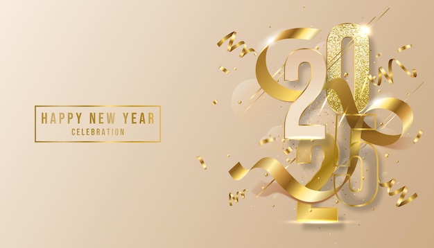 Happy New Year 3D 2025 festive realistic decoration with ribbon and gold number Celebrate 2025