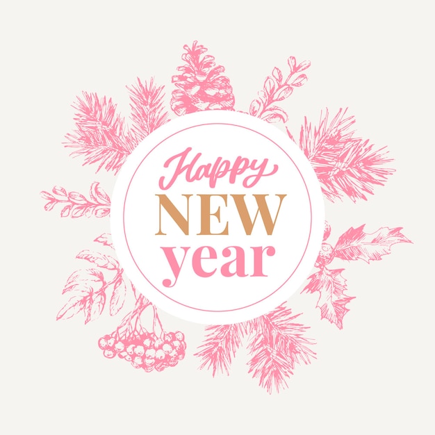 Happy New Year Abstract Botanical Card with Square Frame Banner and Modern Typography Green and Pink Pastel Colors Greeting Layout Isolated