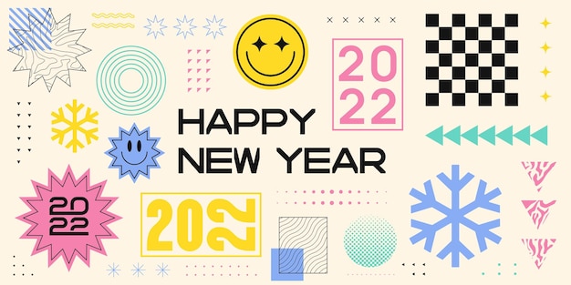 Happy New Year Abstract Geometric Illustration. Cool Trendy 2022 Illustration Retro Design.