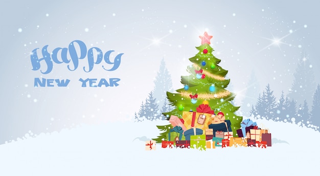 Happy New Year Background With Decorated Christmas Tree Over Snowy Winter Forest View