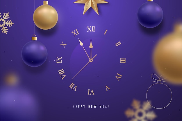 Happy New Year background with golden clock Hanging Christmas balls