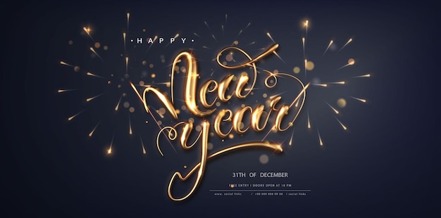 Happy new year banner template on dark background Gold calligraphy lettering greeting card concept