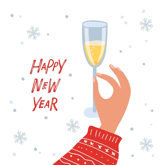 Happy new year card. Toasting champagne glass and snow. Human hand holding champagne glass isolated