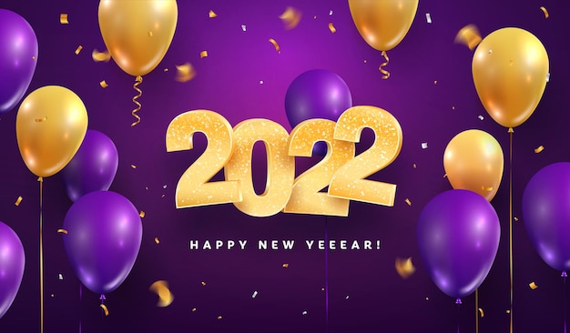 happy new year celebration vector illustration golden christmas numbers and balloons on purple