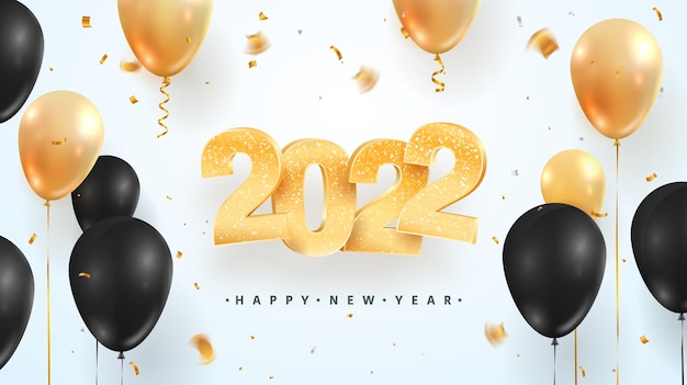 Happy new year celebration vector illustration golden christmas numbers and balloons on white