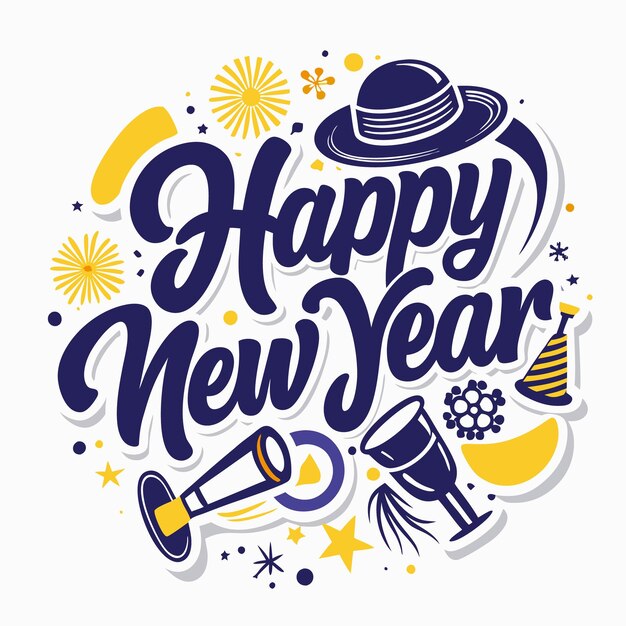 Vector happy new year celebration with text in blue and yellow design