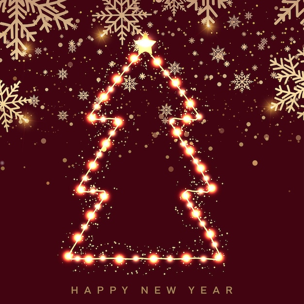 Happy New Year and Christmas card with Xmas tree from lights Vector