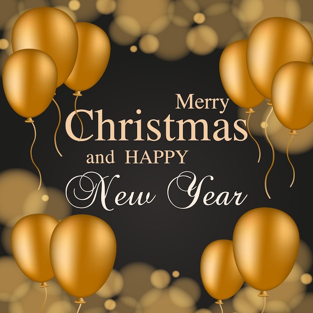 Happy new year and christmas greeting card with golden balloons