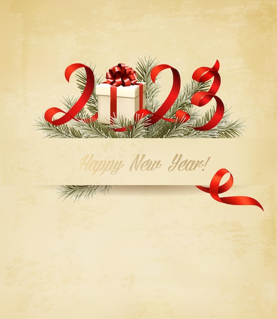 Happy New Year and Christmas holiday background with a 2022 and branch of tree and gift box Vector