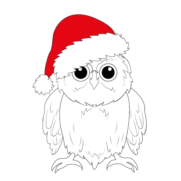 Happy New Year Christmas owl in Santa's hat Hand drawing Card