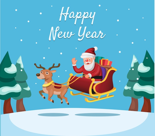 Happy New Year and Christmas season with Santa and Reindeer with giftbox cartoon illustration vector