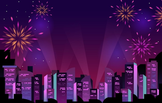 Happy New Year City Building Cityscape Fireworks Party