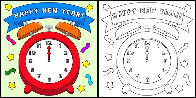 Happy New Year Clock Coloring Page Illustration