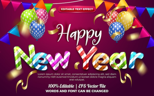 Happy new year colorfull chrome editable effect style. orange background with colorfull balloons decoration