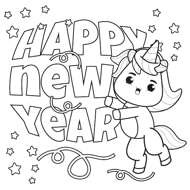 Happy new year coloring book with cute unicorn2