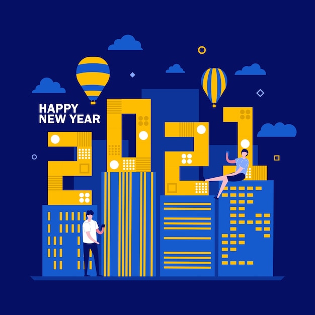 Happy new year concept with character. People stand near city with lighting windows, air balloon, and sky.