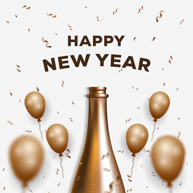 Happy new year design with golden champagne bottle balloon and golden ribbon bow