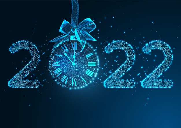 Happy New Year digital web banner template with futuristic glowing low polygonal 2022 digits