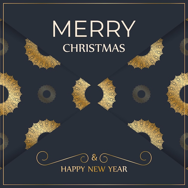 Vector happy new year flyer template in dark blue color with abstract gold pattern