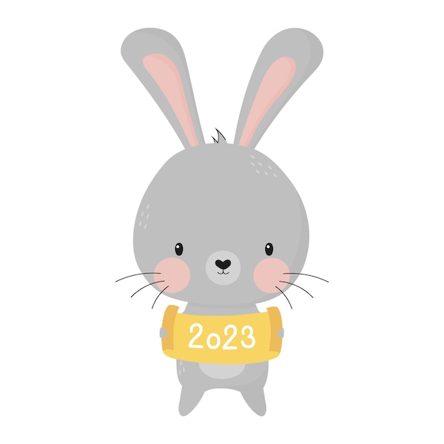 Happy new year funny cute bunny holds the inscription 2023. Chinese new year symbol.