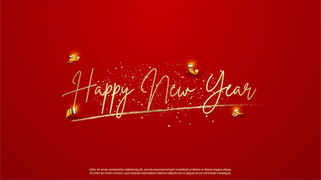 Happy new year golden lettering on red background